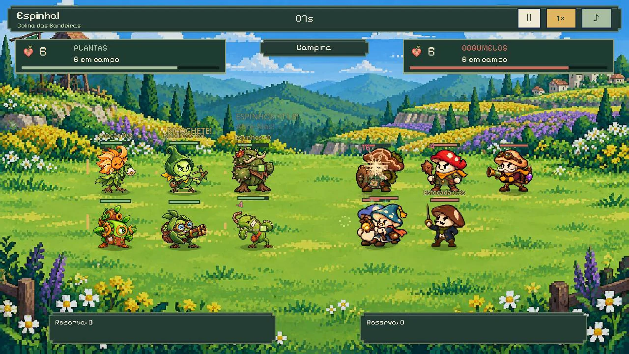 Plantas e cogumelos em combate em um campo florido de pixel art.