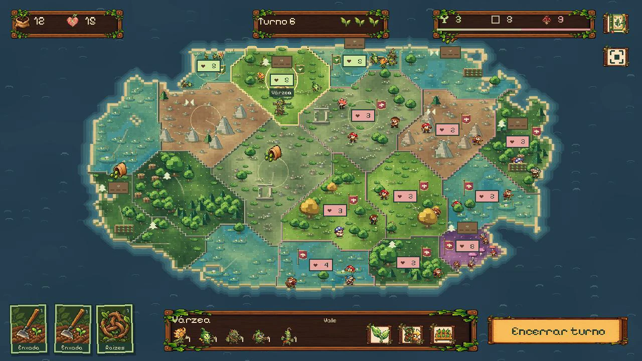 Mapa real do jogo dividido em territórios, com tropas, canteiros e cartas de itens.